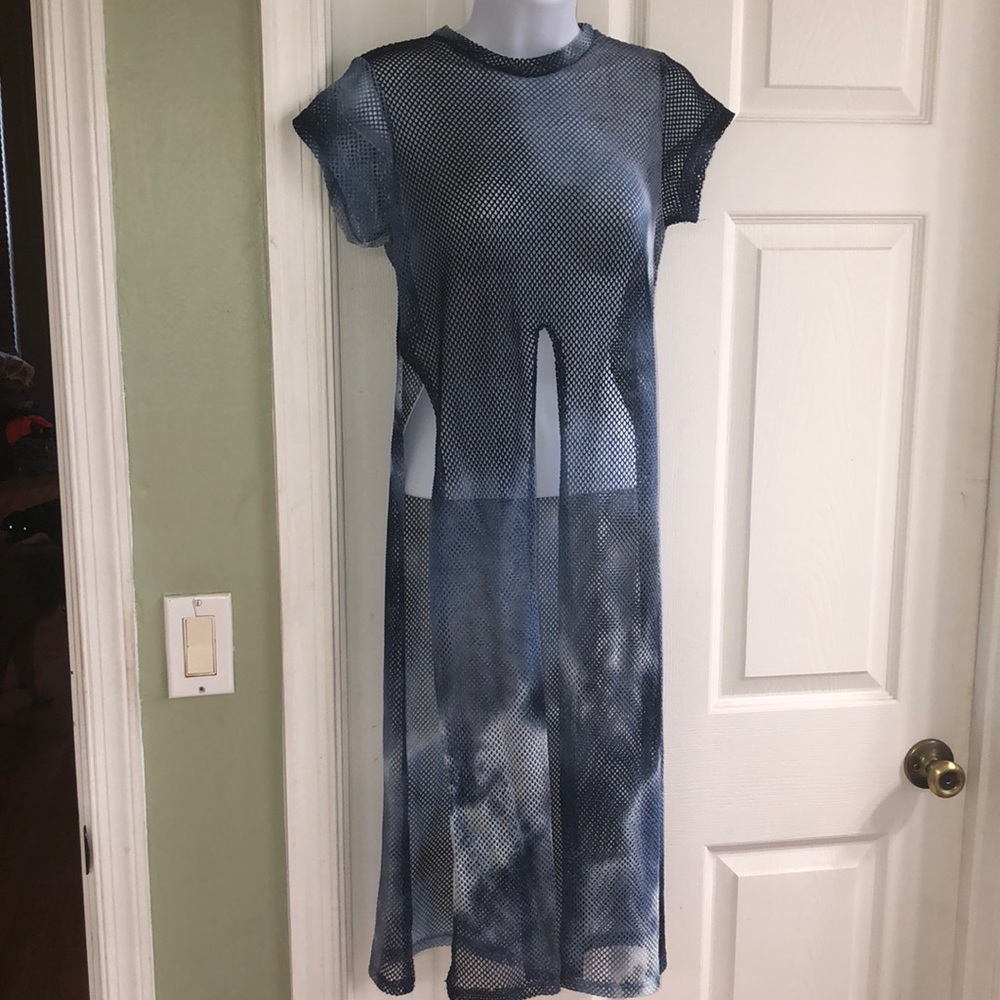 Sexy mesh blue knee length top with slits Sz M